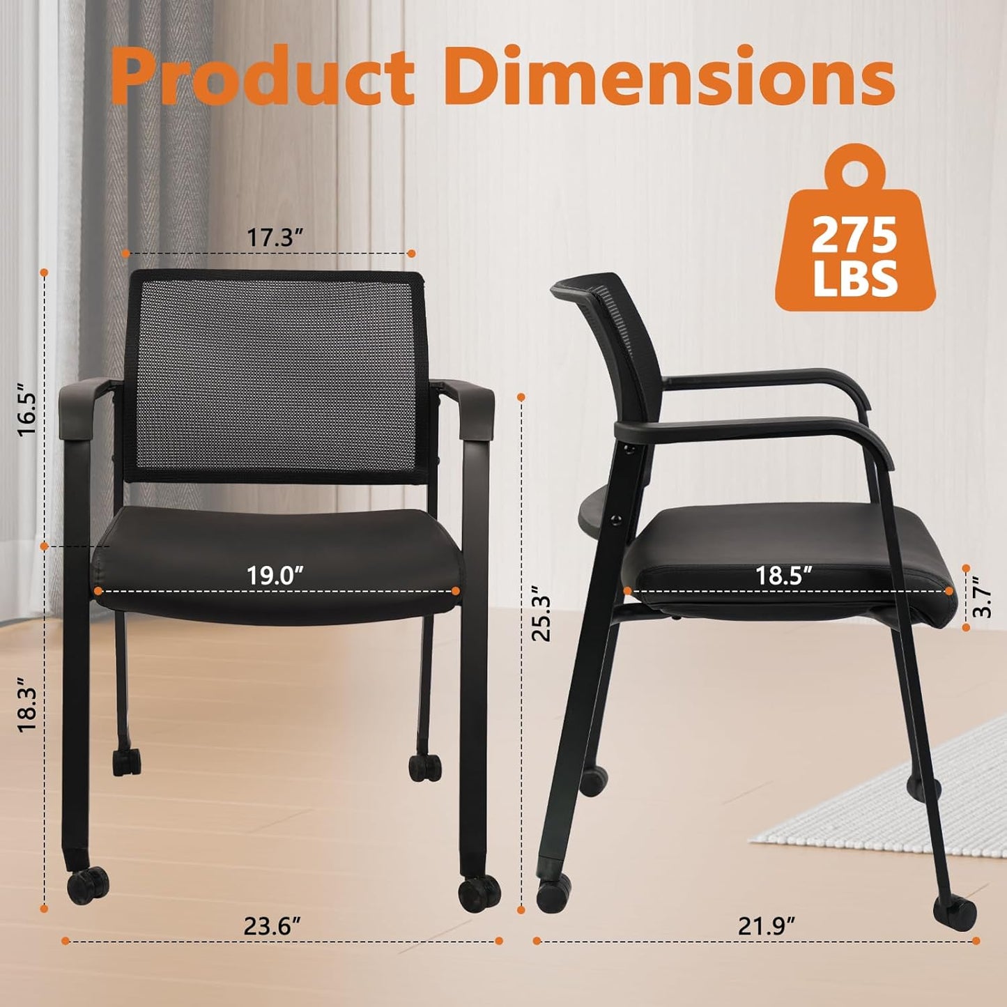 CLATINA Stacking Office Chair with Wheels, Mesh Back Waiting Room Guest Chairs with Arms Comfortable Leather Cushion Stackable Desk Chair for Conference Reception School Side Stationary, Black, 4PK