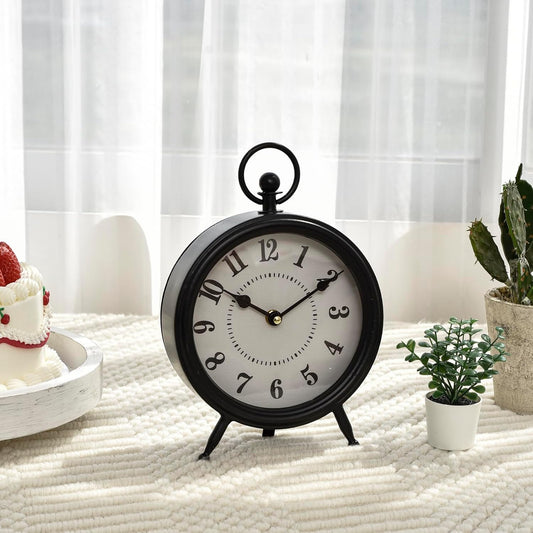 Vintage Decorative Desk and Shelf Clock, Rustic Mantel Clock Farmhouse Clock,Black Table Clock on Stand, Silent Non-Ticking 10.3 * 7.3 inch