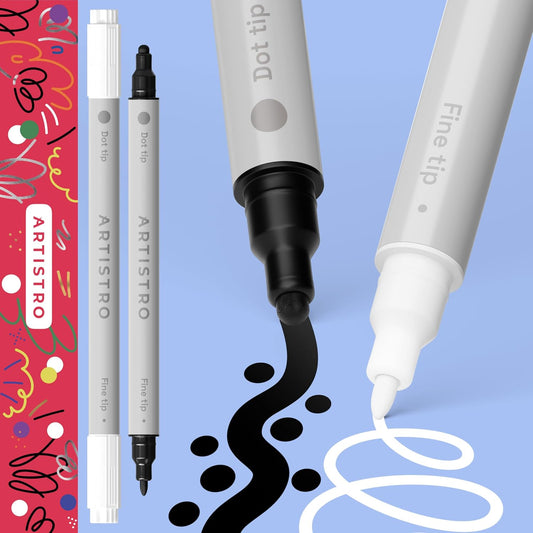 ARTISTRO 2 Black&White Dual-Tip Acrylic Paint Pens - Multisurface Markers for Fabric, Plastic, & More, 5mm Dot + 1mm Fine Tips