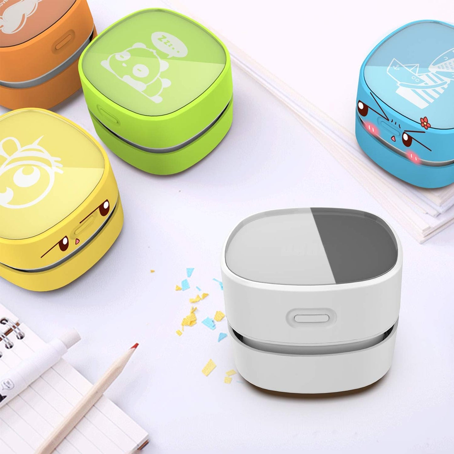 ODISTAR Desk Vacuum Cleaner with Wireless Charger, Mini Table dust Sweeper Energy Saving,Endurance up to 400 mins, Cordless&360º Rotatable for Keyboard/Home/School/Office (White Wireless Charger)