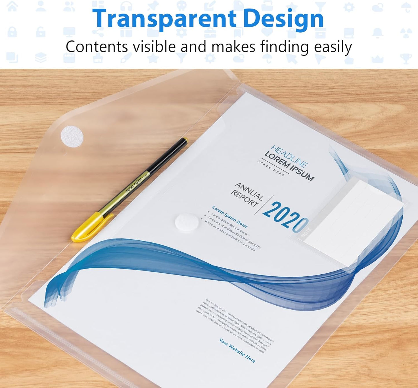 ABSOFINE 48 Pack Plastic Envelope File Folders, Transparent Folders for Documents A4 Letter Size with Label Pocket for School Home Work Office Organizer, Hook & Loop Closure, 100% Clear, Easy Storage