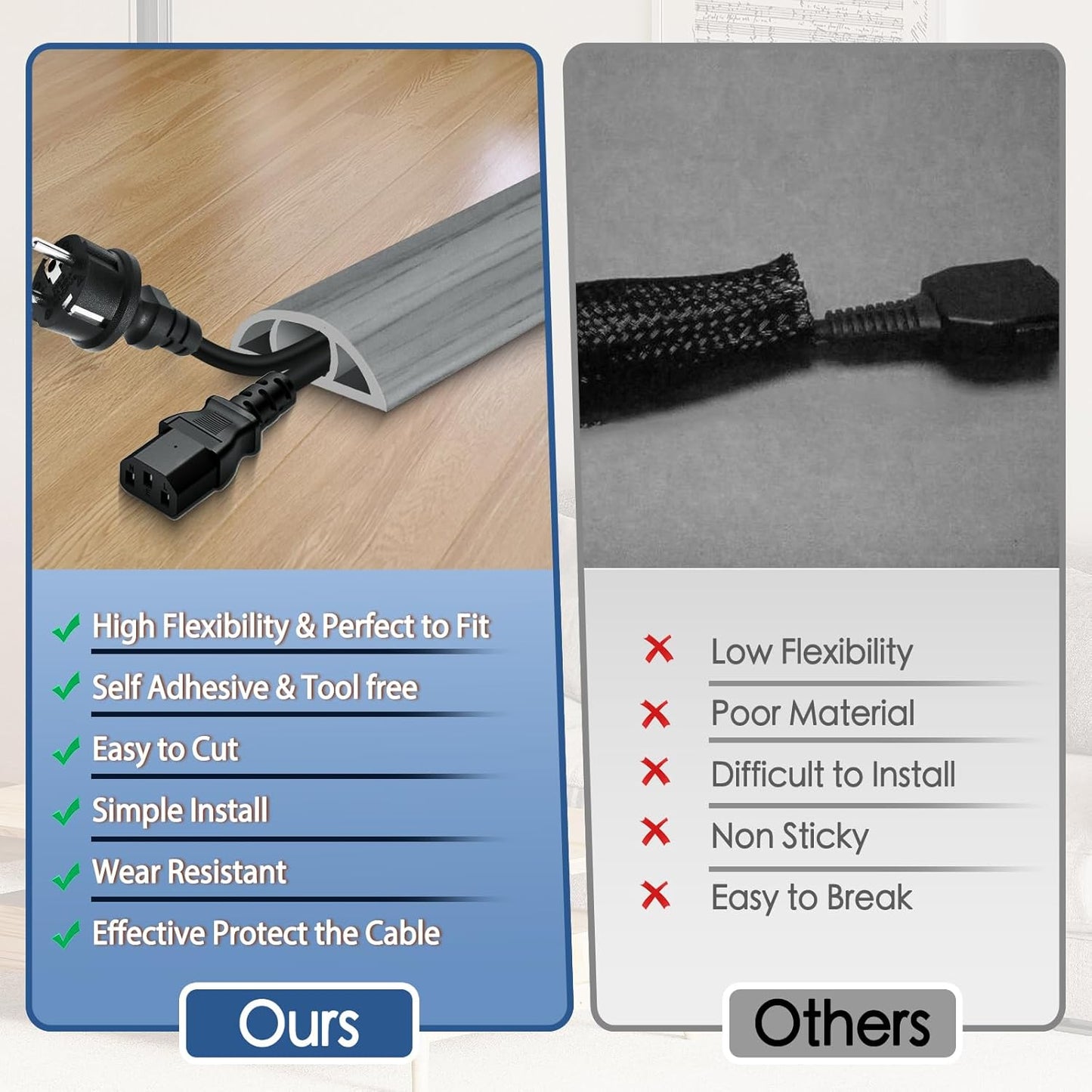 Floor Cord Cover for Wires on Floor Self Adhesive Cord Hider Floor Cable Management Wire Covers for Cords Protector Prevent Cable Trips Cord Cavity W 0.51" x H 0.31", Gray Wood, 3.3Ft