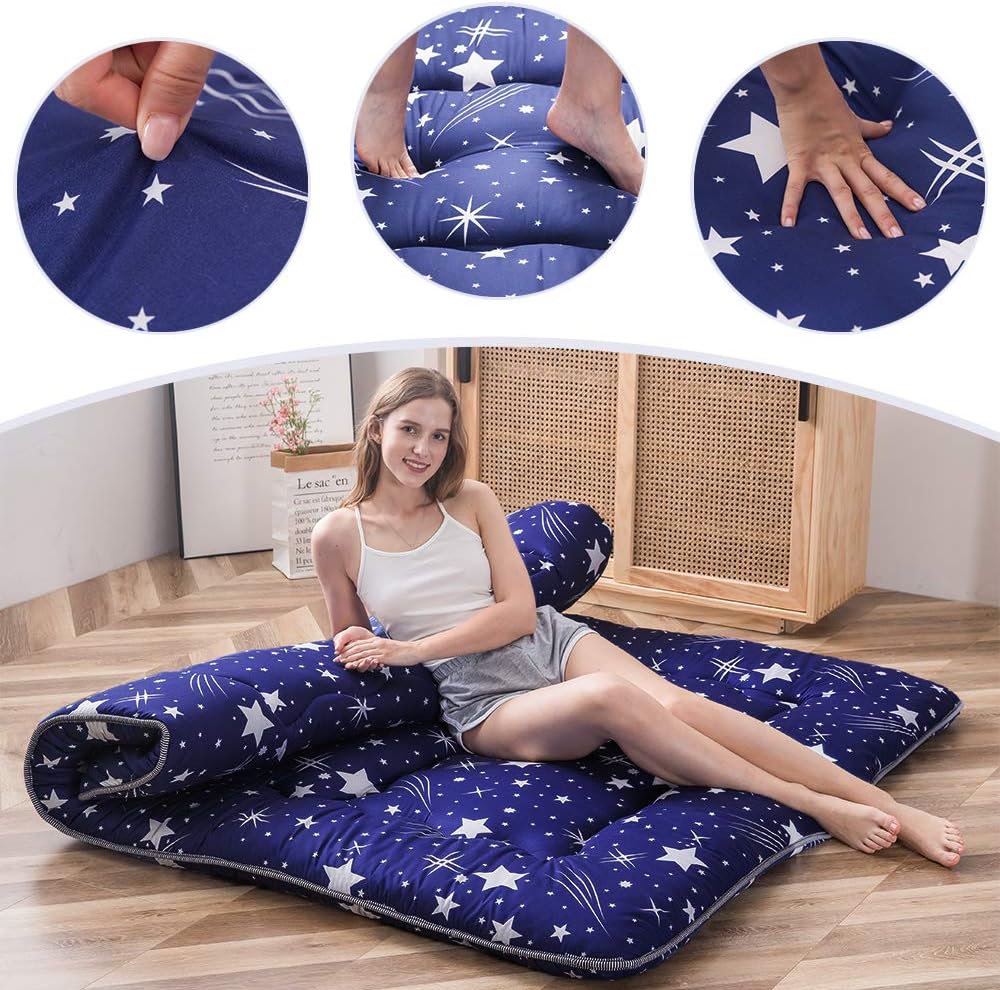 MAXYOYO Navy Starry Sky Japanese Futon Mattress, Tatami Mat Portable Camping Mattress, Kids Sleeping Pad, Foldable Roll Up Floor Lounger Couch Bed, Twin Size with Cover