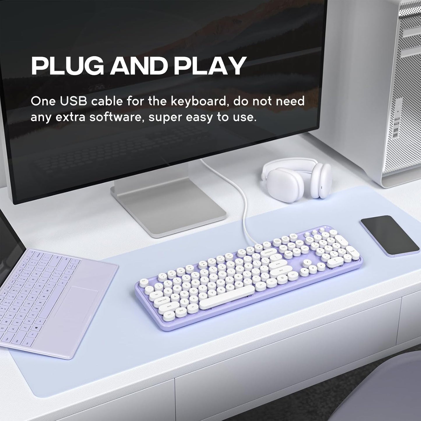Wired Keyboard, Full-Sized Typewriter Keyboards, USB Plug and Play Office Keyboard with Number Pad, Caps Indicators, Foldable Stands for Windows, PC, Laptop, Desktop (Purple-White)