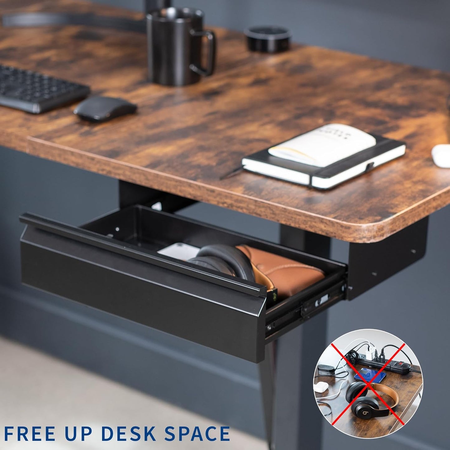 VIVO 16 inch Under Desk Slide Out Drawer with Power Strip for Charging, Storage Organizer, Black, DESK-DR16-BP