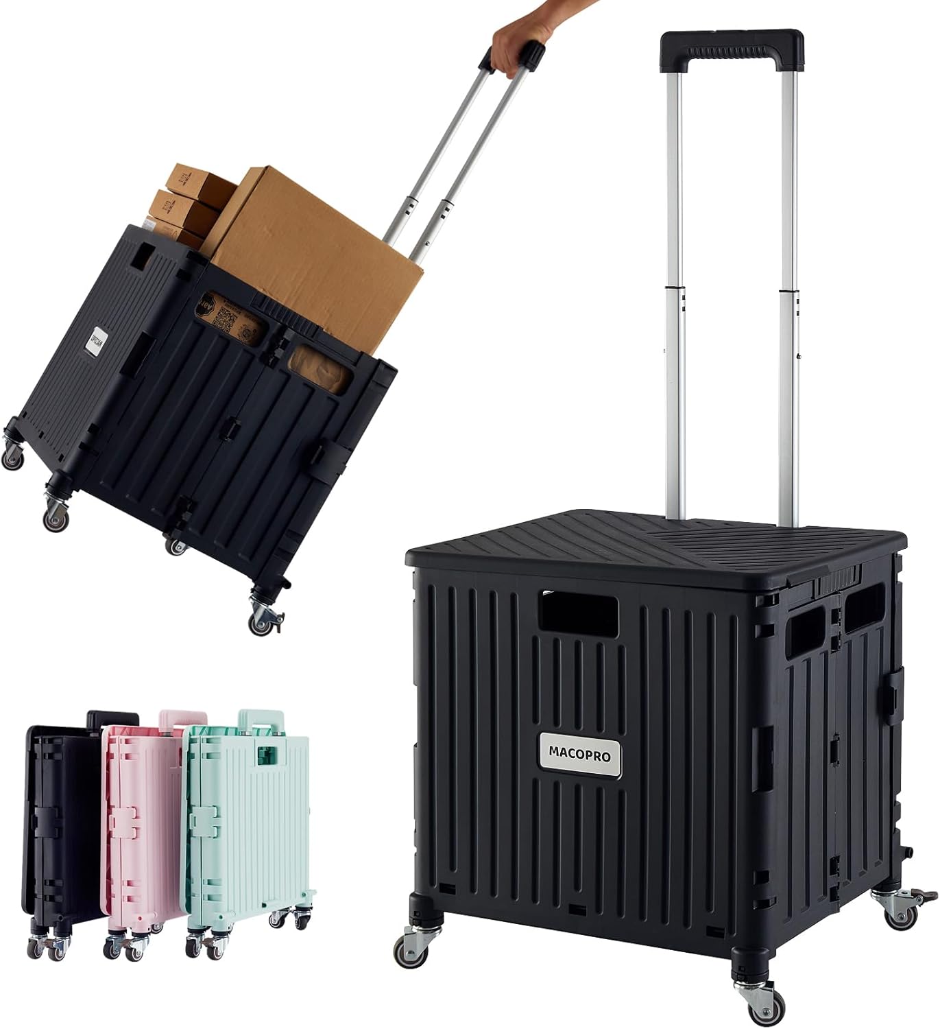 Folding Utility Cart Portable Rolling Crate Handcart Shopping Trolley Collapsible Tool Box, with Lid, Basket on 4 Rotate Wheels, for Grocery, Office, Luggage, Teacher (Black)