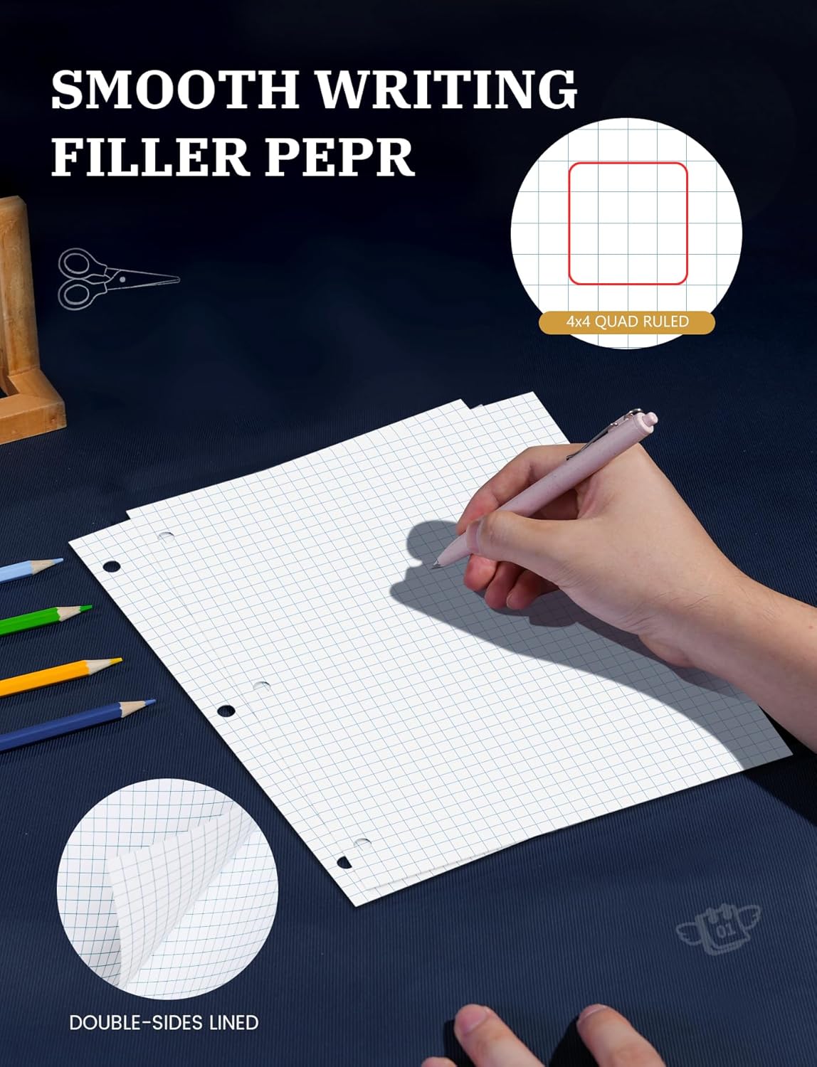 480 Sheets Graph Paper Loose Leaf 8 x 10.5, 8 x 10-1/2’’ Blueprint Quadrille Pad, 4x4 Graph Ruled Filler Paper, 3-Hole Punched Grip Papers Lined Bulk, Loose Leaf Paper 8 x 10.5 with 3-Ring for Binder