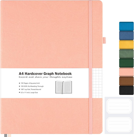 Graph Paper Notebook, Hardcover Notebook 8.5 x 11, Grid Notebook Journal for Women, Men, Large Leather Journals for Writing, Thick Paper, A4 Notebooks for Work, School Supplies, Engineering Pink