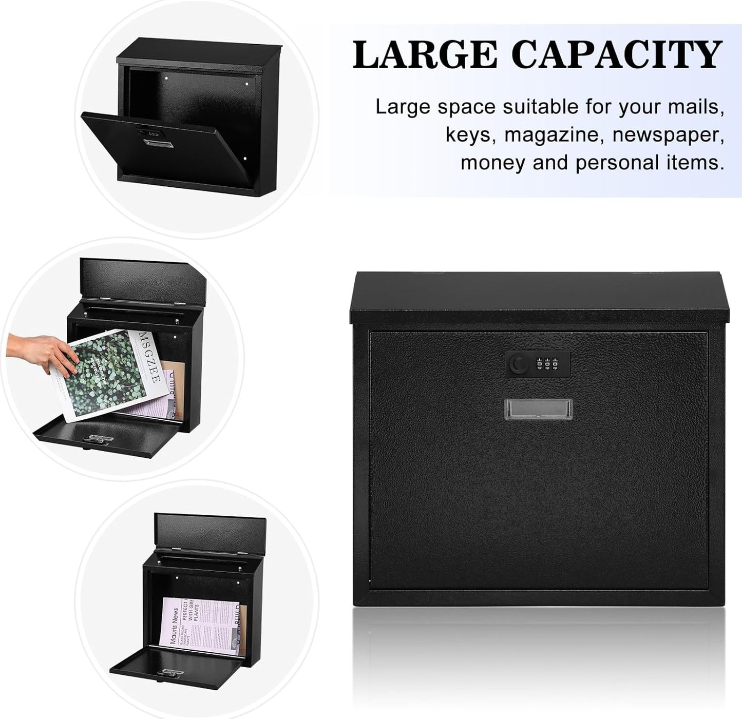 xydled Mail Boxes with Combination Lock,Locking Mailbox Wall Mounted,Security Metal Mailbox Drop Box, Modern Large Capacity,Steel Cover Metal Postbox for House Home Outside, Black, 14.2''x12.6''x4''