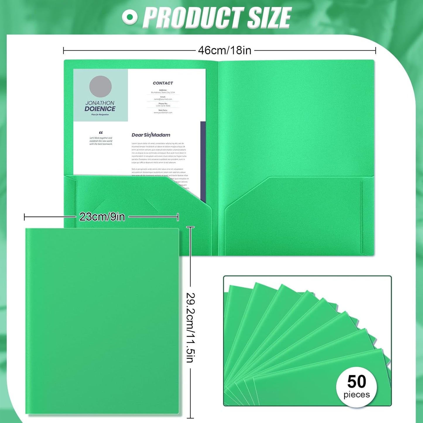 Gueevin 50 Pcs Plastic Folders with Pockets, Back to School Two Pocket Folder Fit Letter Size, Heavy Duty School Business Card Holder for Home Office, 11. 61 x 9. 45 Inches (Green)
