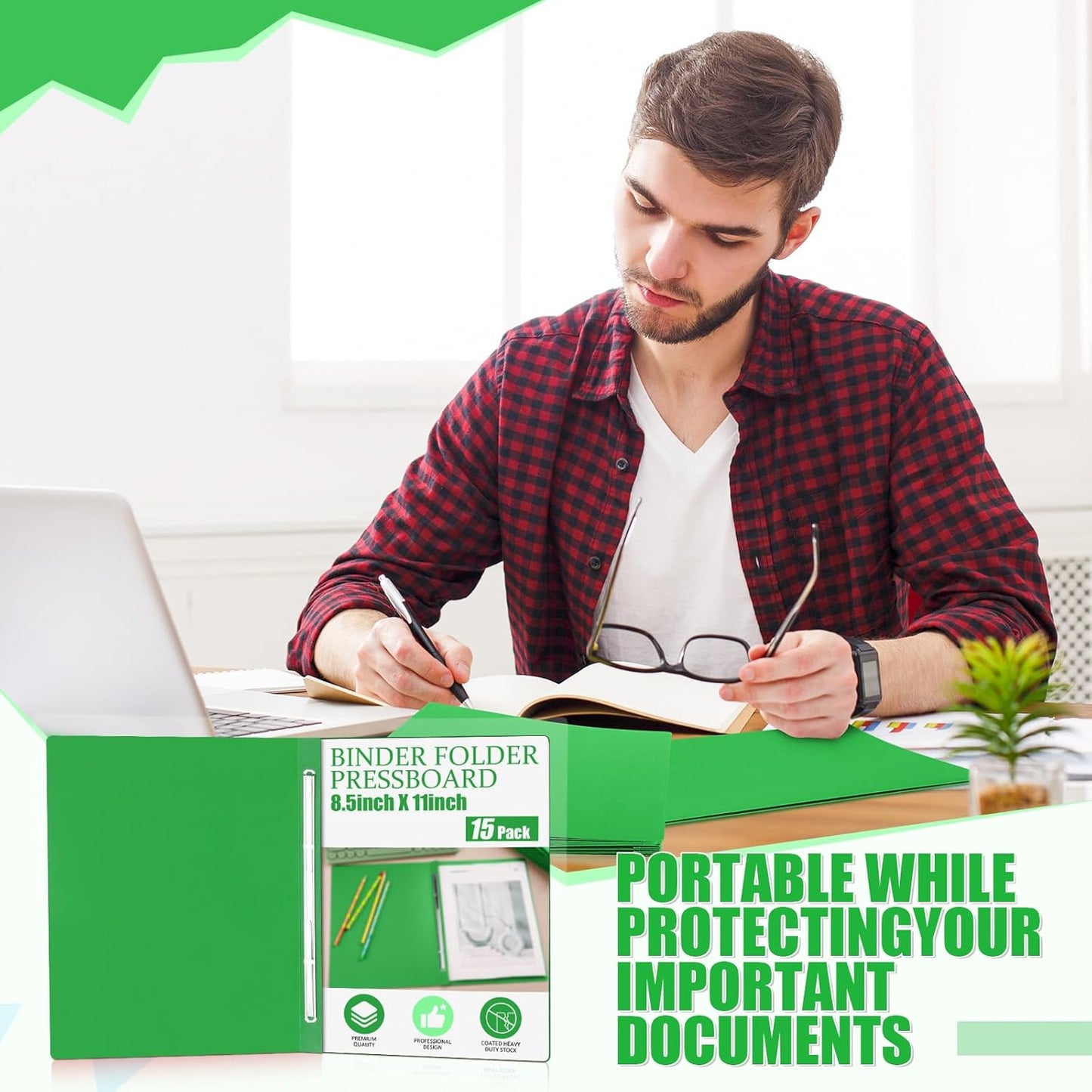 Zhanmai 15 Packs 8.5'' x 11'' Pressboard Report Covers, Metal Prong Fastener with Compressor, Letter Size 3'' Capacity Presentation Report Folder to Neatly Bind Reports, Proposals, Documents(Green)