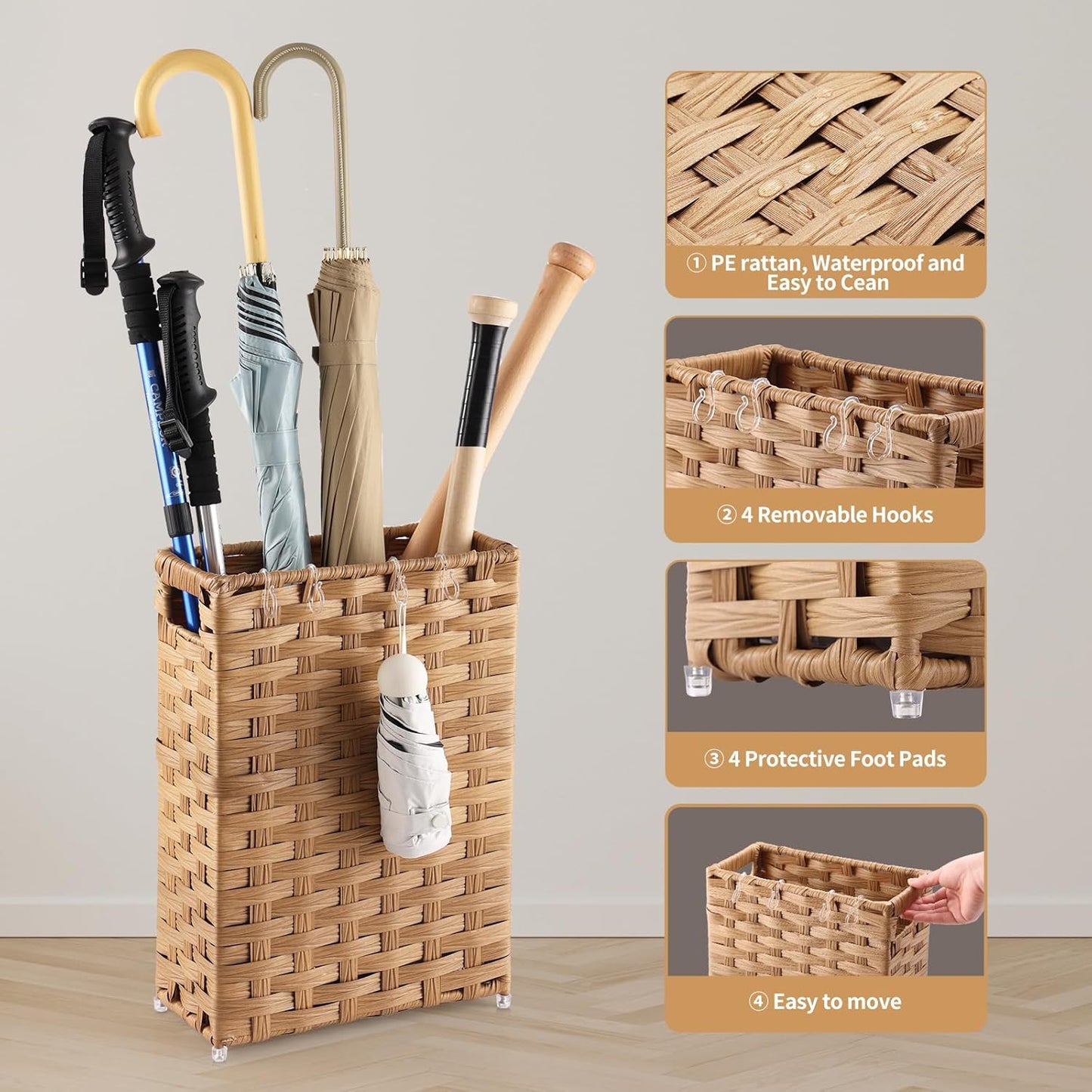 Rattan Umbrella Stand, Umbrella Holder for Entryway, Hand Woven Umbrella Rack Organizer Freestanding, with a Detachable Drip Tray, 4 Hooks, 11.8" L x 5.5" W x 16.5" H
