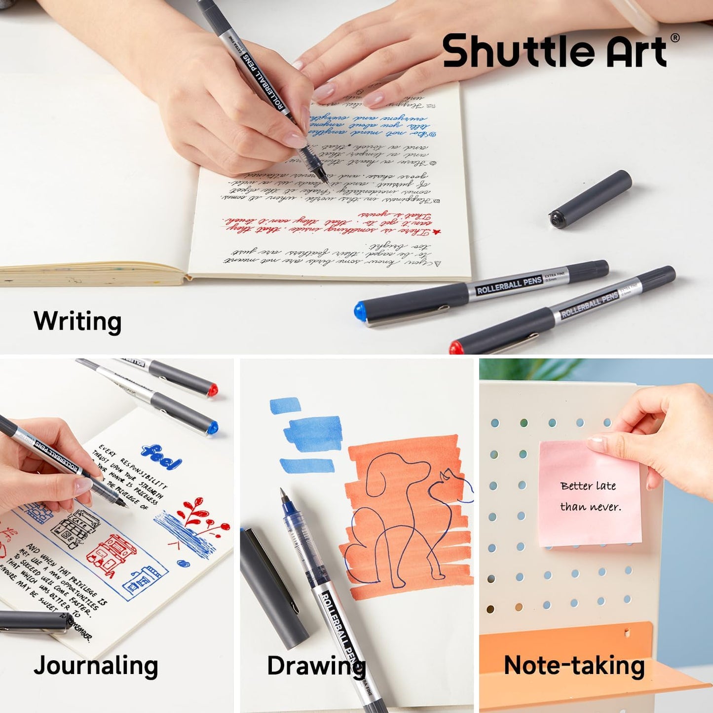 Shuttle Art Rollerball Pens, 10 Pack(8 black 1 blue 1 red) Liquid Ink Pens, 0.5mm Extra Fine Point, Quick Drying for Writing Journaling Taking Notes School Office