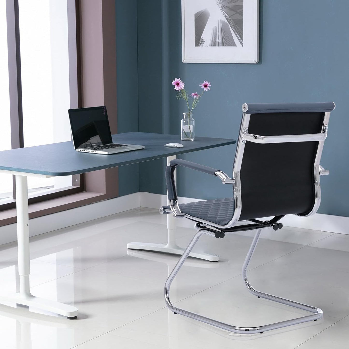 Office Guest Chairs Reception Chairs Waiting Room Chairs Set of 4 Conference Room Chair with Mid Back, Modern PU Leather Desk Chairs, Navy
