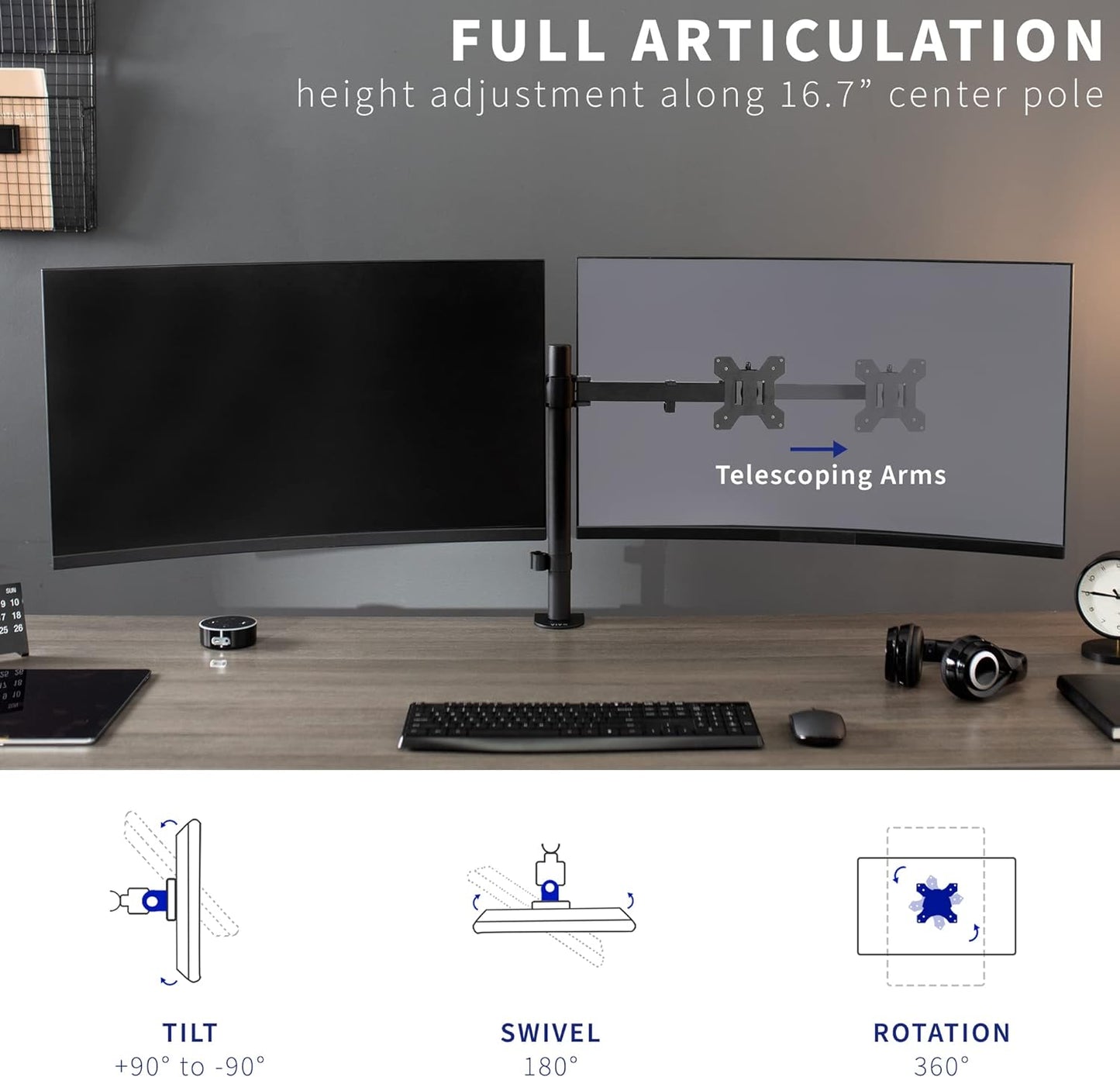 VIVO Premium Dual Ultra Wide LCD LED 27 to 38 inch Monitor Desk Mount, Heavy Duty, Adjustable Telescoping Arms, Flush Wall Setup, Fits 2 Screens, Black, STAND-TS38C