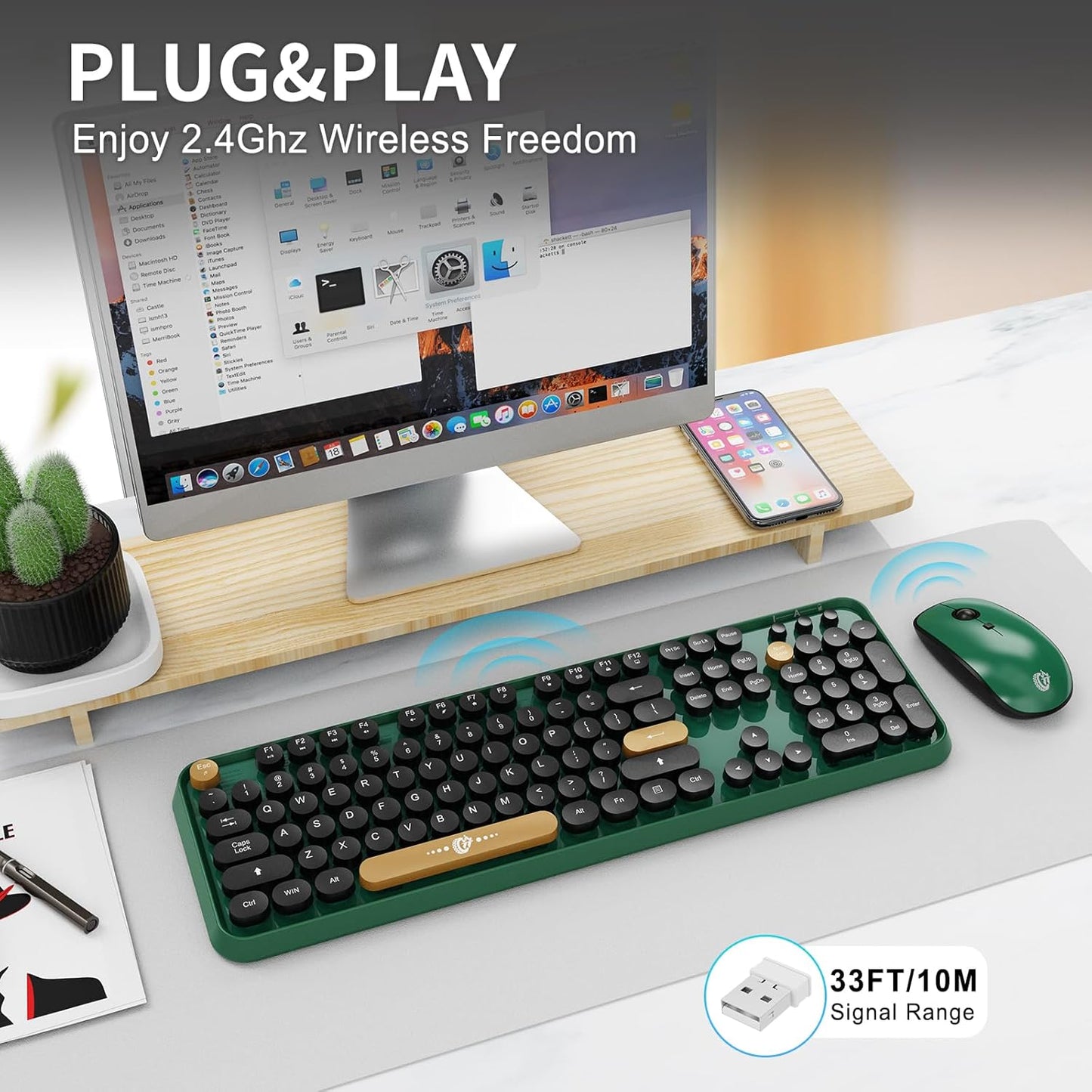 FD Wireless Keyboard and Mouse | Cute Colorful Keyboard and Mouse with 2.4GHz Cordless Retro Typewriter Keyboard | Auto-Sleep | USB Receiver for Windows PC/Laptop - Green Colorful