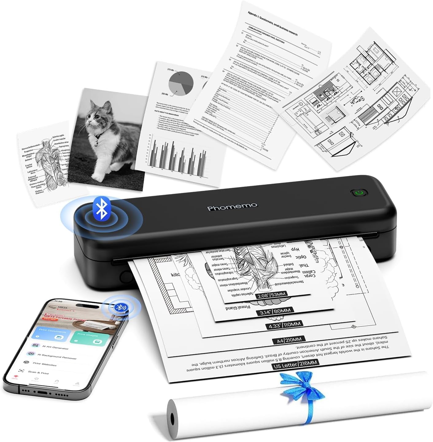 Phomemo M834 Portable Printer Wireless for Travel Upgraded, Bluetooth Thermal Printer 8.5" x 11"&A4, Compatible with iOS,Android & PC,Inkless Mobile Printers for Travel,Office,School,Home,Black