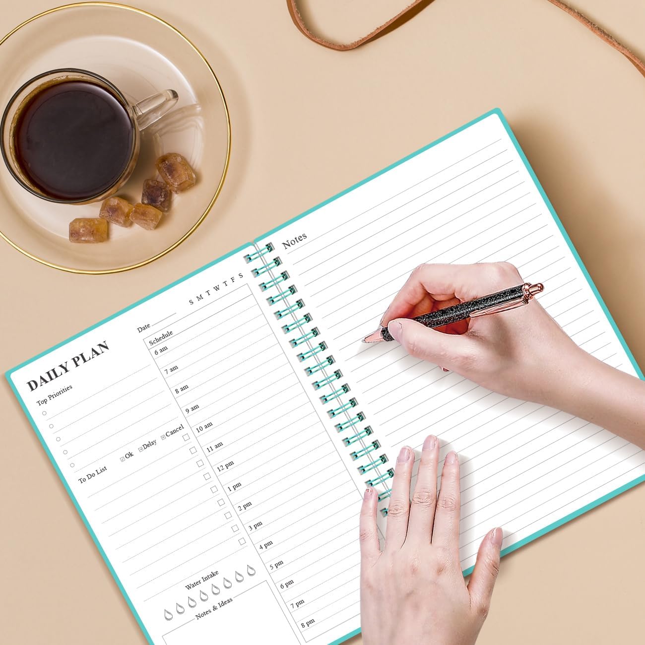 Daily Planner Undated - A5 To Do List Notebook Hourly Schedules, Spiral Appointment Planner for Women and Men, PVC Hardcover, Inner Pocket, Elastic Closure, 5.8" x 8.3", Teal