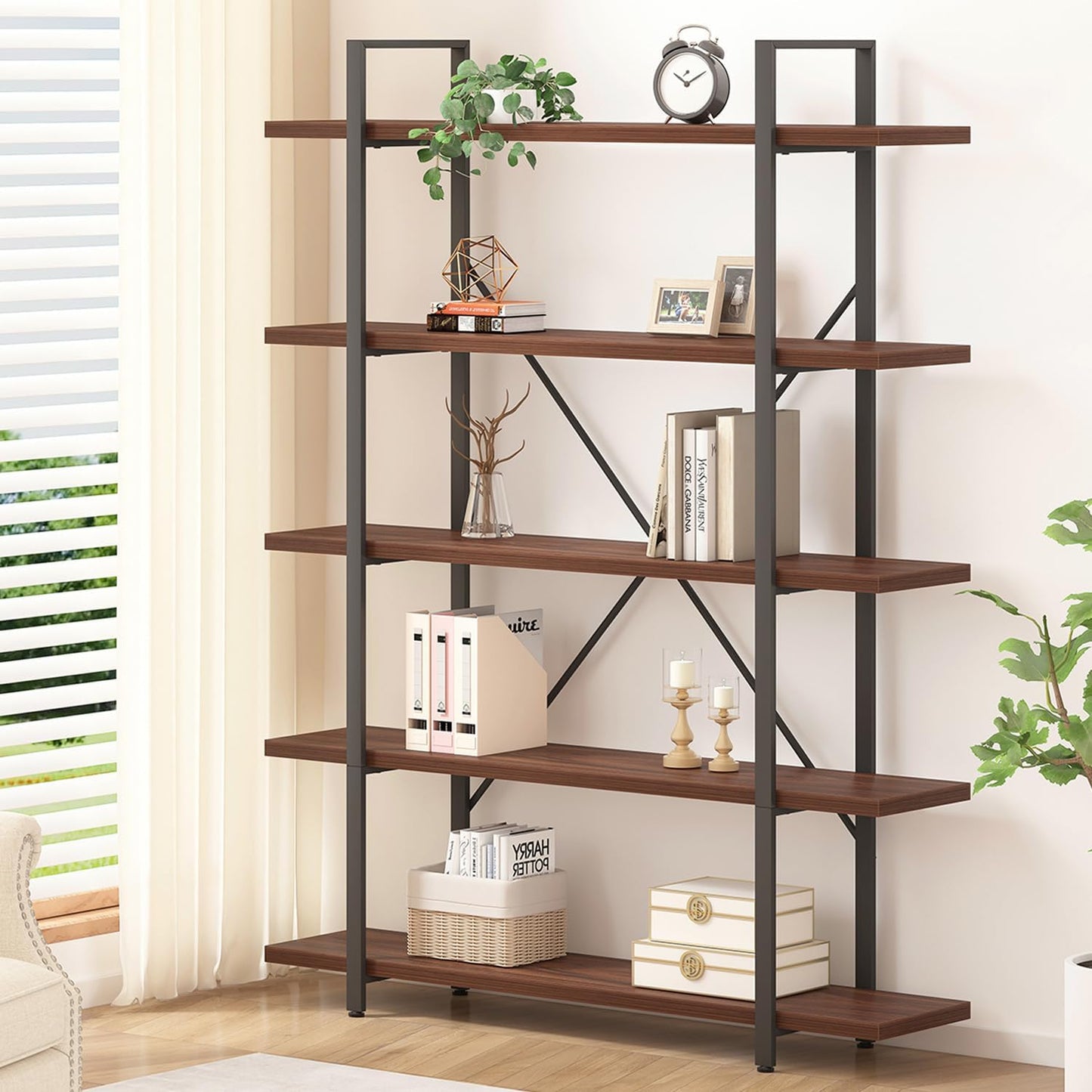 HSH Walnut 5 Tier Bookshelf, Tall Bookcases and Book Shelves 5 Shelf, Large Industrial Metal Wood Display Book Shelf Storage Rack, Rustic Open Bookcase Bookshelves for Bedroom Living Room Office