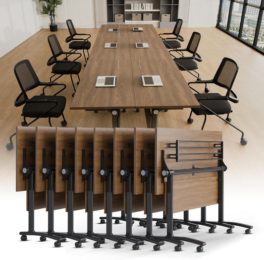 Conference Room Table with Silent Wheels, Mobile Folding Conference Table for 16 Person,Flip Top Office Training Tables with Walnuts Wood Tabletop, for School,Business Meeting Rooms (8Pack 55in)