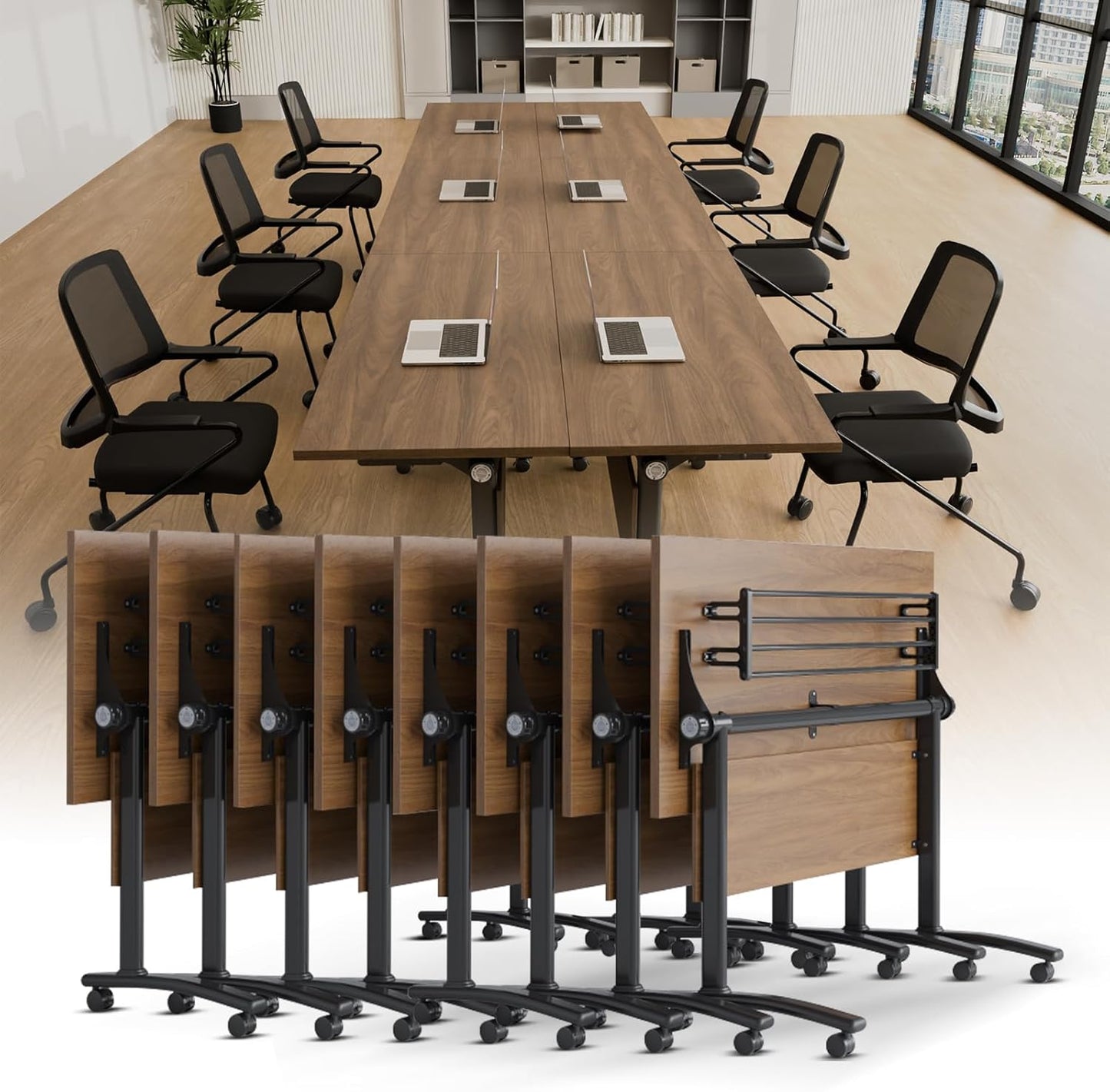 Conference Room Table with Silent Wheels, Mobile Folding Conference Table for 16 Person,Flip Top Office Training Tables with Walnuts Wood Tabletop, for School,Business Meeting Rooms (8Pack 47in)