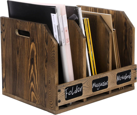 MyGift Office Desktop Document File Folder Rustic Burnt Brown Wood Binder Storage Organizer Rack with 3 Compartments and Chalkboard Labels