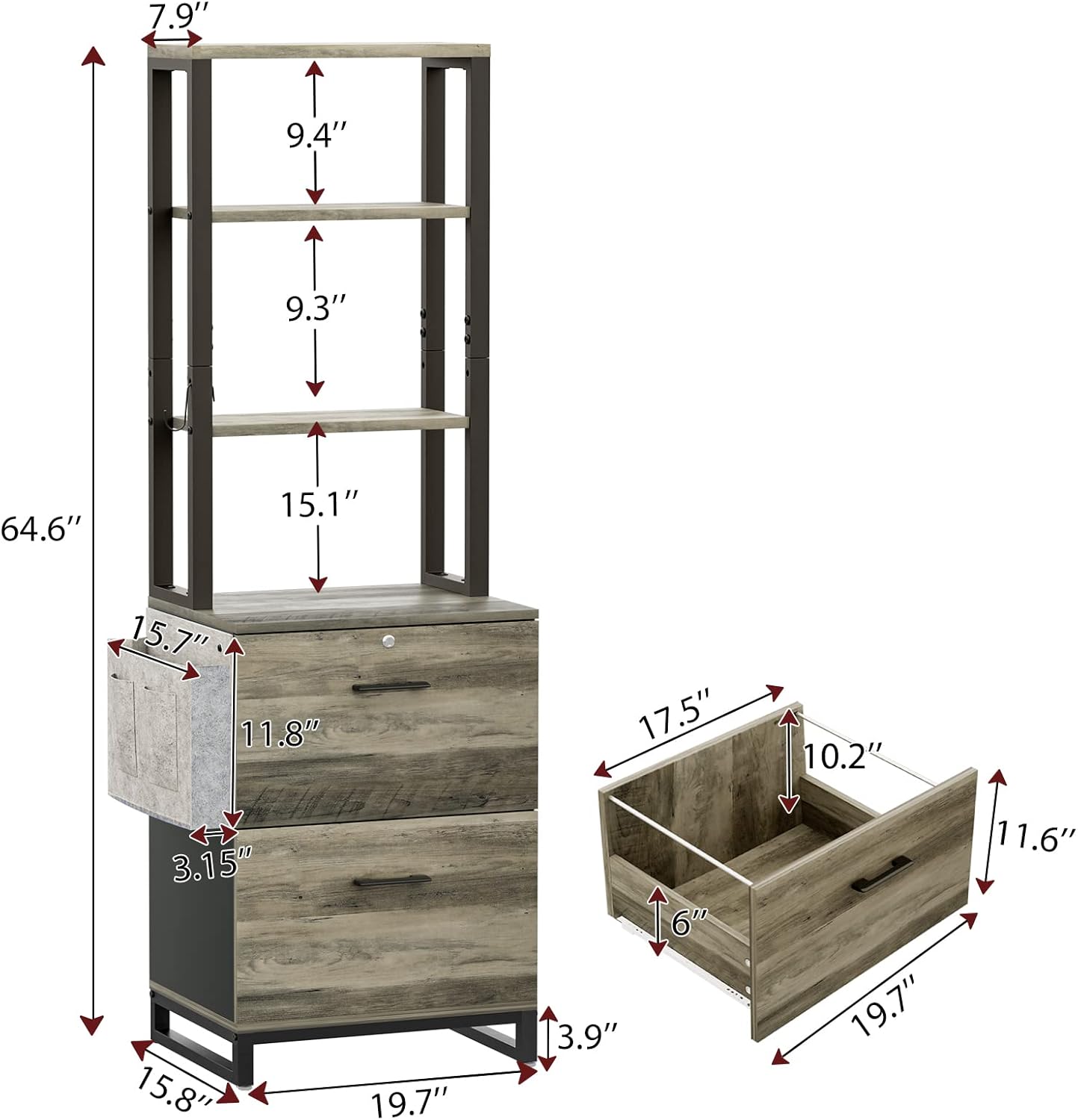 Itaar 2 Drawer File Cabinet with Lock, Filing Cabinet fits Letter, Legal, A4 Size, Hanging File Folders, File Cabinets for Home Office with Adjustable Storage Shelf and Hook, Grey