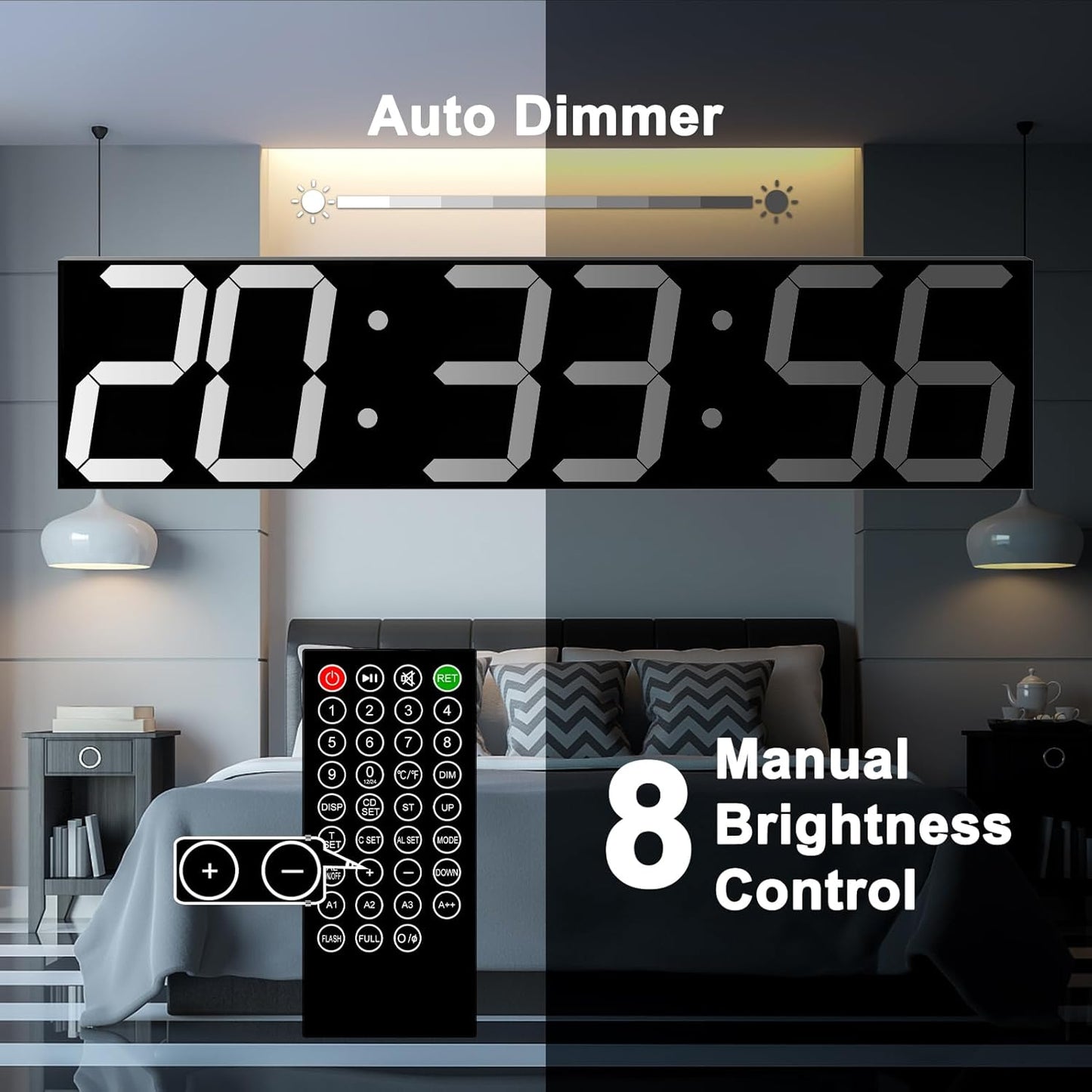 Digital Wall Clock, Oversize Led Digital Clock with Auto Dimmer, Huge Countdown Timer with Remote Control, 27" Wide Led Display, 6 Digits, Wall Mount, Date and Temperature (White)
