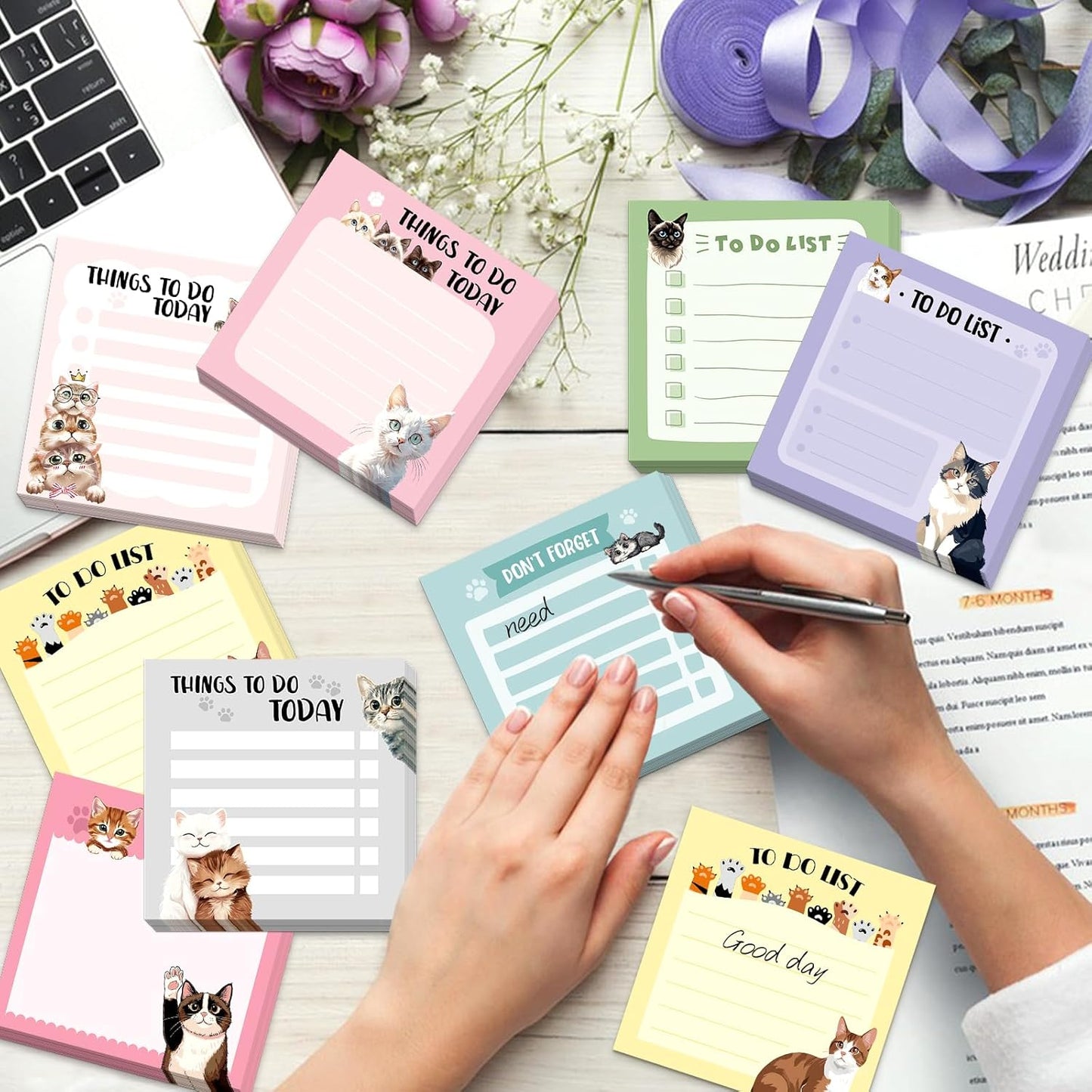600Pcs Cat Sticky Notes, Funny Cat to Do List Notepad Cat Theme Self Stick Note Pads Cute Cat Memo Pads Kawaii Cartoon Animal Sticky Notes for Cat Lover Office Home School Supplies