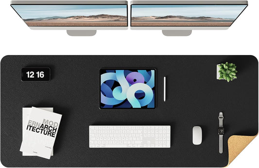 YSAGi Double-Sided Desk Pad, Leather Desk Mat, Eco Cork Desk Pad Protector, Large Mouse Pad for Desk, Waterproof Desk Blotter Pad, Desk Writing Pad for Office Work/Home (Black+Cork, 47.2" x 17")