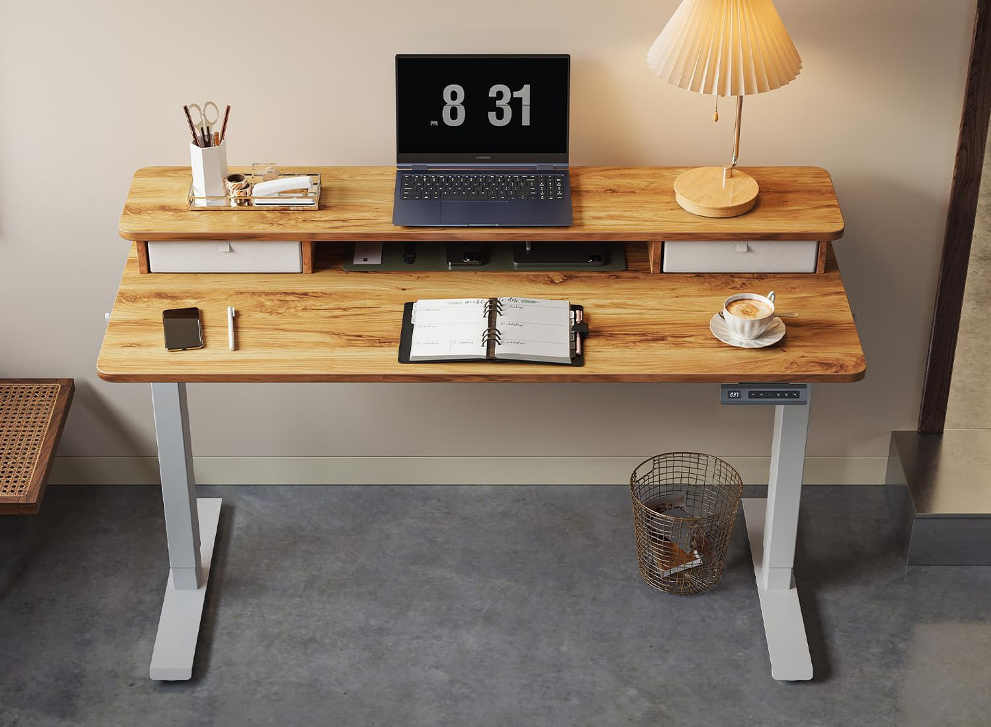 FEZIBO 55 x 24 Inch Height Adjustable Electric Standing Desk with Double Drawer, Computer Desk, Home Office Stand Up Table with 4 Height-Adjustable Feets & 2 Hooks, Light Rustic