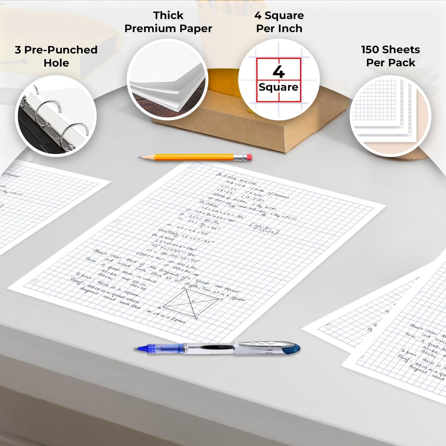 6 Pack Graph Paper, 900 Sheets, 4x4 Loose Leaf Paper, 8" x 10.5", 3 Hole Punched for Binders, Grid Paper, 54 GSM Thick Graphing Paper, Quad Ruled Paper, Notebook Paper for School & College