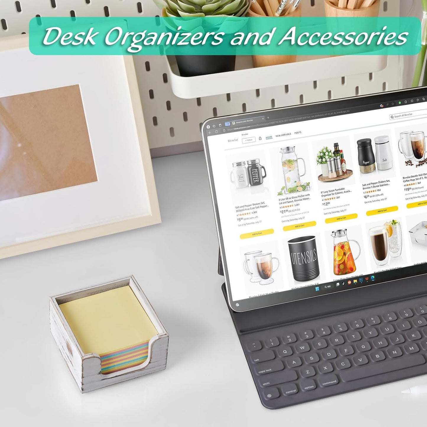 Wood Sticky Note Holder, White Washed Wooden Post It Note Dispenser for Office Desk Accessories, Self Stick Note Pad Holder, Memo Pad Holder Dispenser Organizer for School Office Desk Supplies