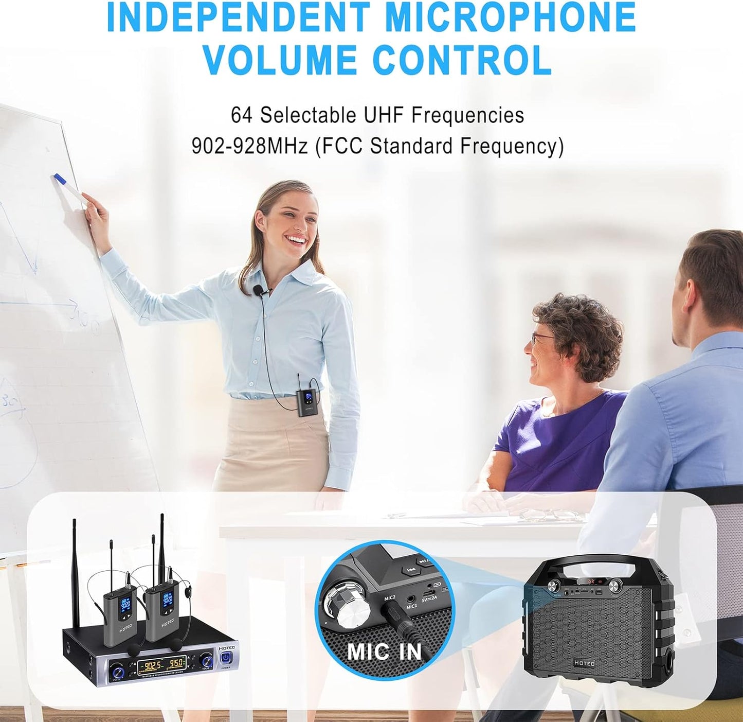 HOTEC UHF Wireless Microphone System with Dual Lapel/Lavalier and Headset Microphones Over PA, Mixer, Speaker, Karaoke Machine for Church, Training, Classroom, Interview (H-K25)