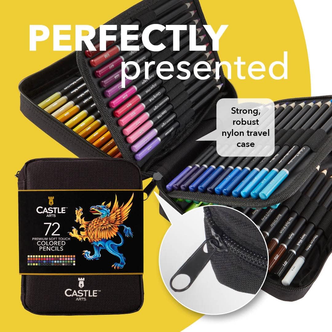 Castle Art Supplies - Set of 72 colored pencils with soft core for artists, professionals and adult colorists, sturdy zipper case for easy carrying