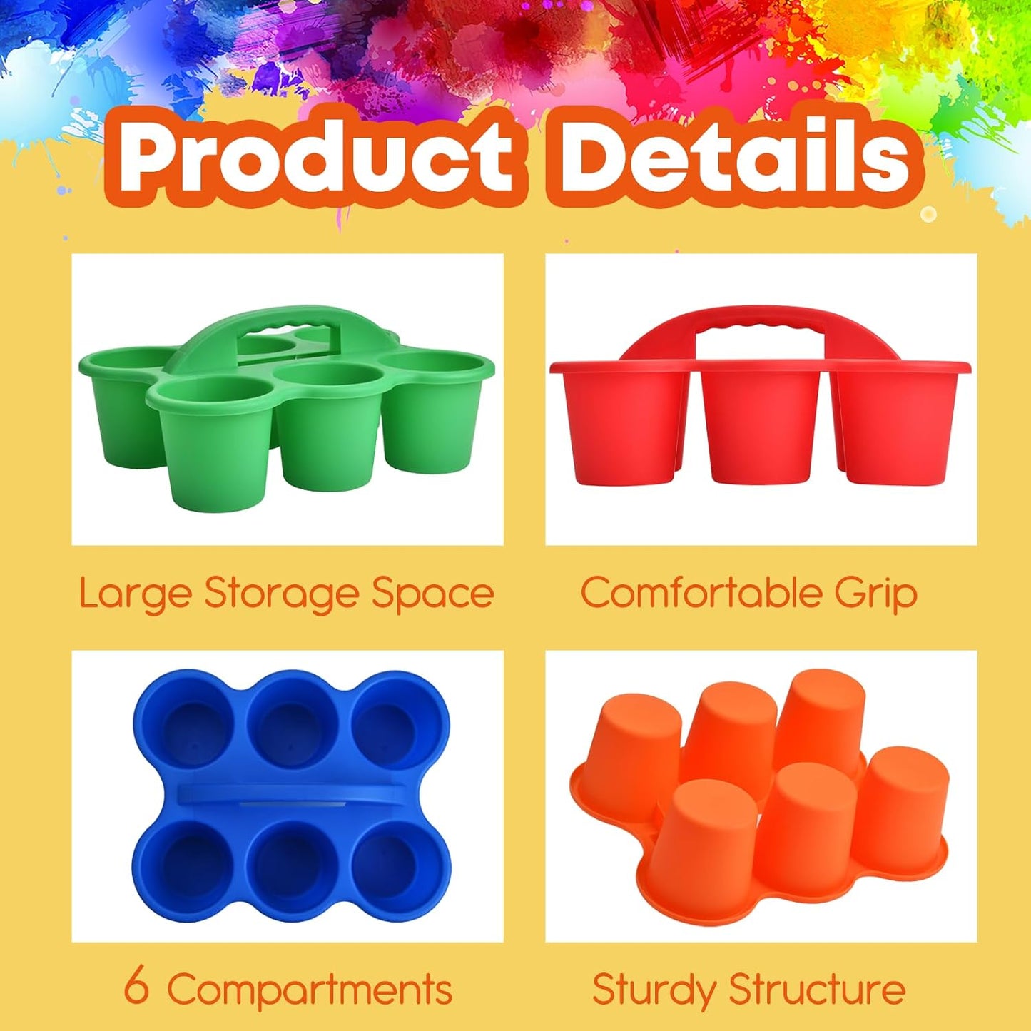 ALINK 6 Pack Classroom Caddy Storage Basket with Handle, Plastic Drink Cup Caddy Holder, 6 Compartments for Kids, Table, Office, Arts, Crafts, Crayon, Marker, Pencil, School Supplies - Assorted Colors