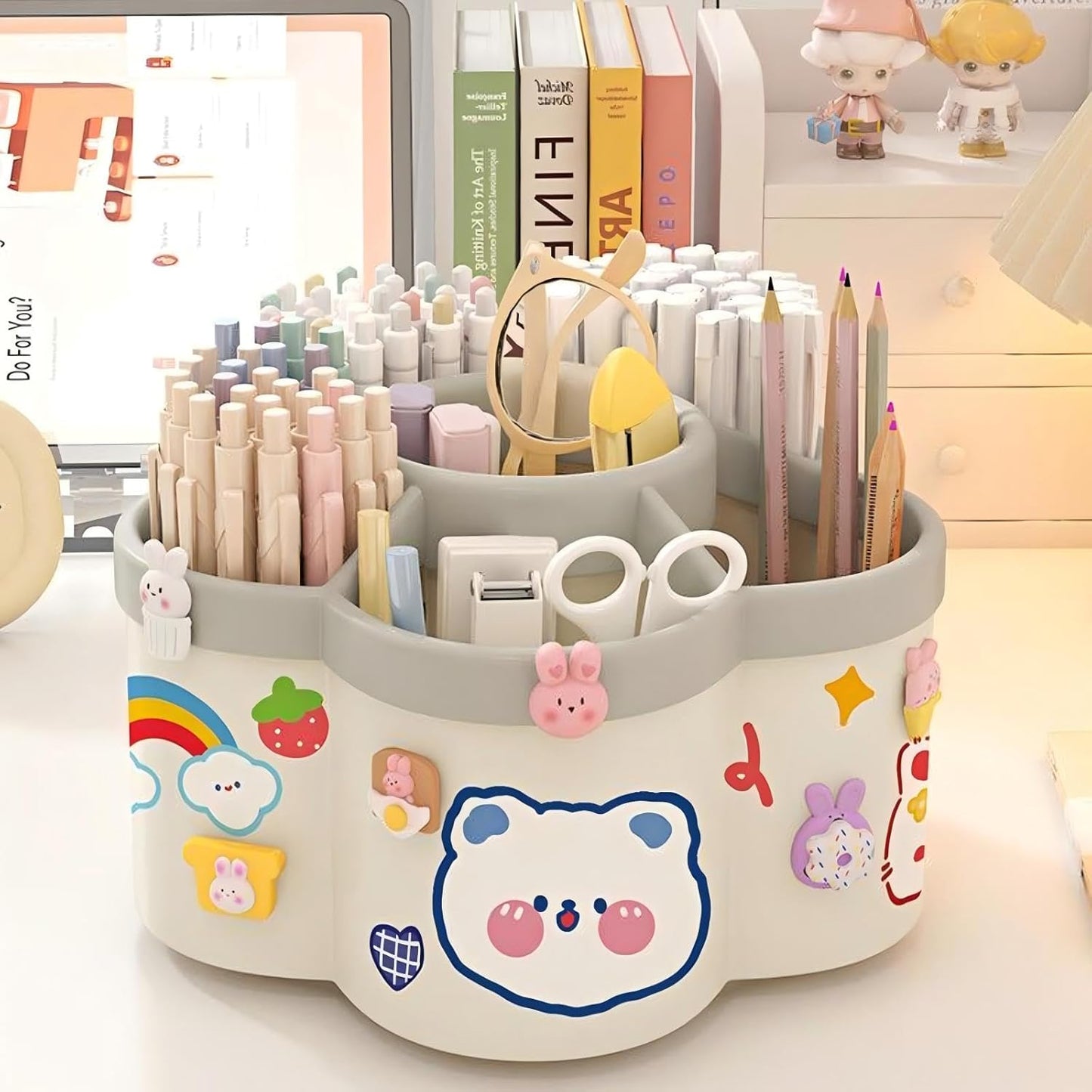 Pen Holder for Desk, 360°Rotating Pencil Pen Holder,Pen Organizer with 6 Slots, Large-capacity Desk Organizer,Office, School, Home Use (Beige)