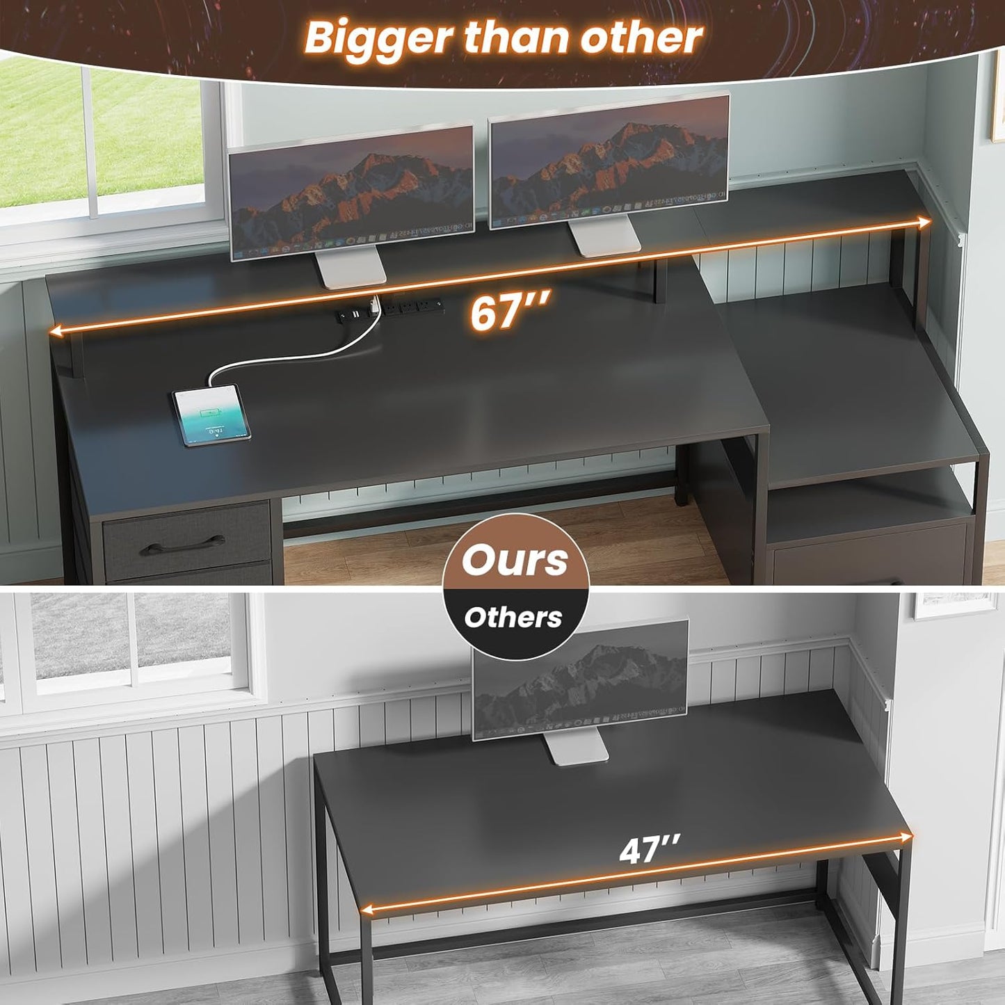 SEDETA Computer Desk with 5 Drawer, Power Outlet & Led Lights, 66'' Home Office Desk with File Drawer, Storage, Monitor Shelf, Gaming Desk, Black