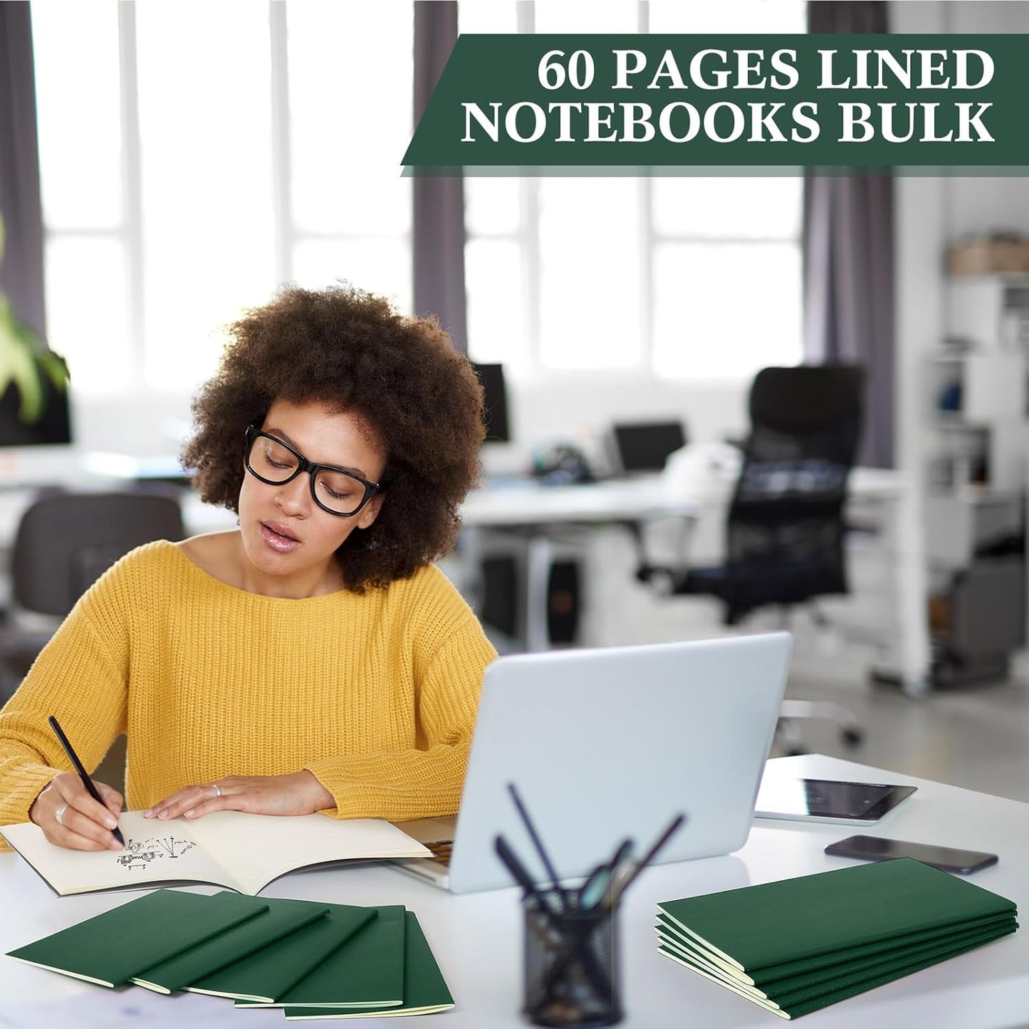 100 Pcs Kraft Notebook Journals 5.5 Inch x 8.3 Inch A5 Softcover Notebooks Bulk for Writing Sketch Office Notepad with 60 Pages 30 Sheets (Green,Lined)