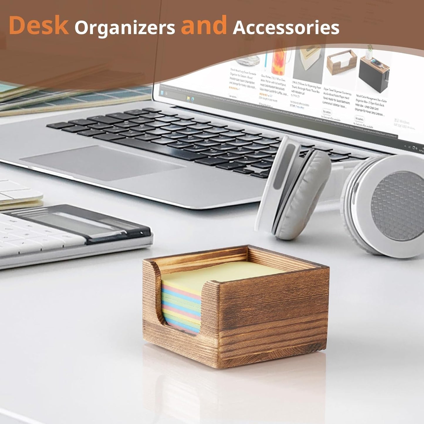 Sticky Note Holder, Burnt Wood Post It Note Dispenser for Office Desk Accessories, Self Stick Note Pad Holder, Memo Pad Holder Dispenser Organizer for School Office Desk Supplies