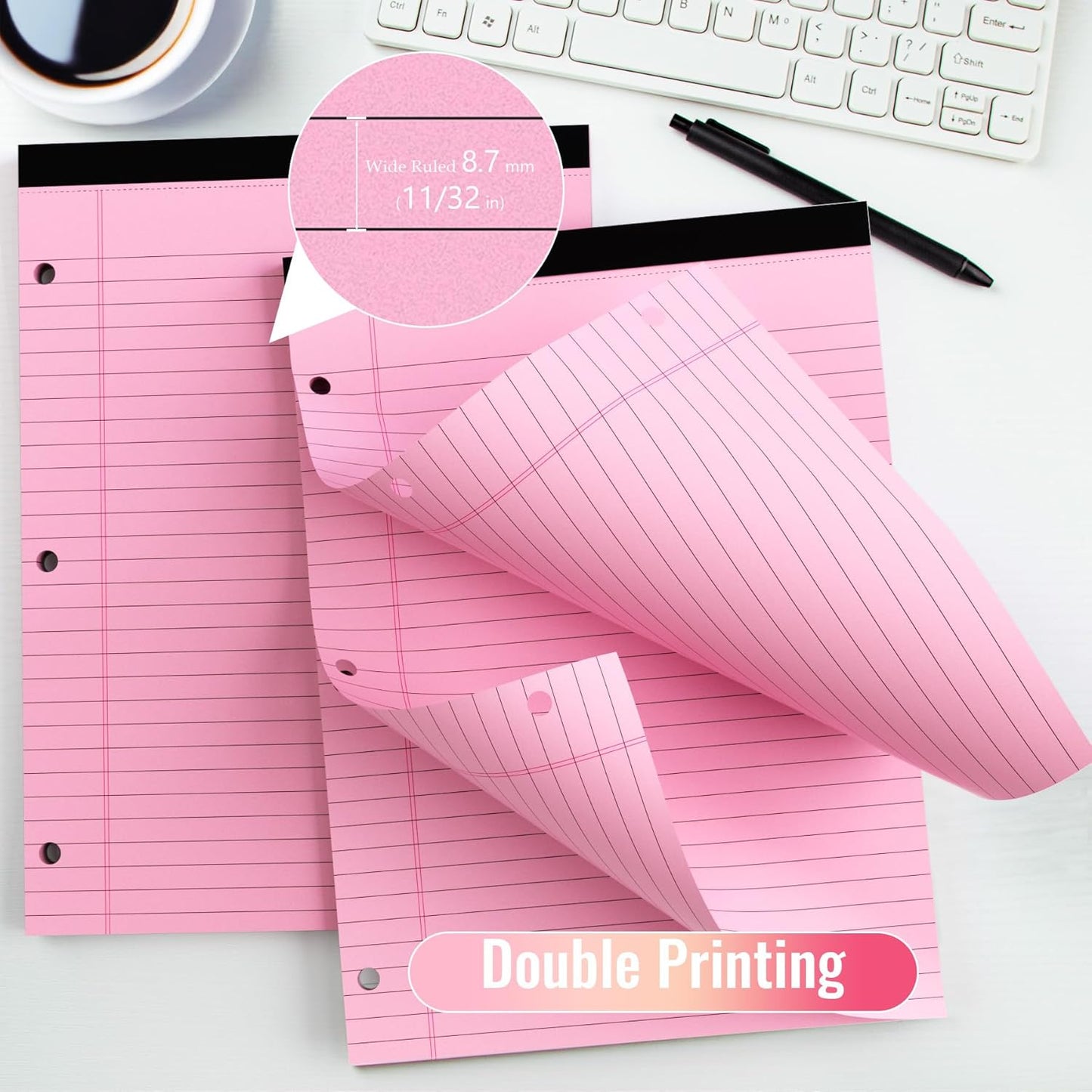 HAUTOCO 12 Pack 8.5 x 11 Legal Pads Pink Wide Ruled Notepads Perforated Writing Pads, 30 Sheets Per Notepad, 3-Hole Punched Paper, Writing Note Pads for School, Home, Office, Business