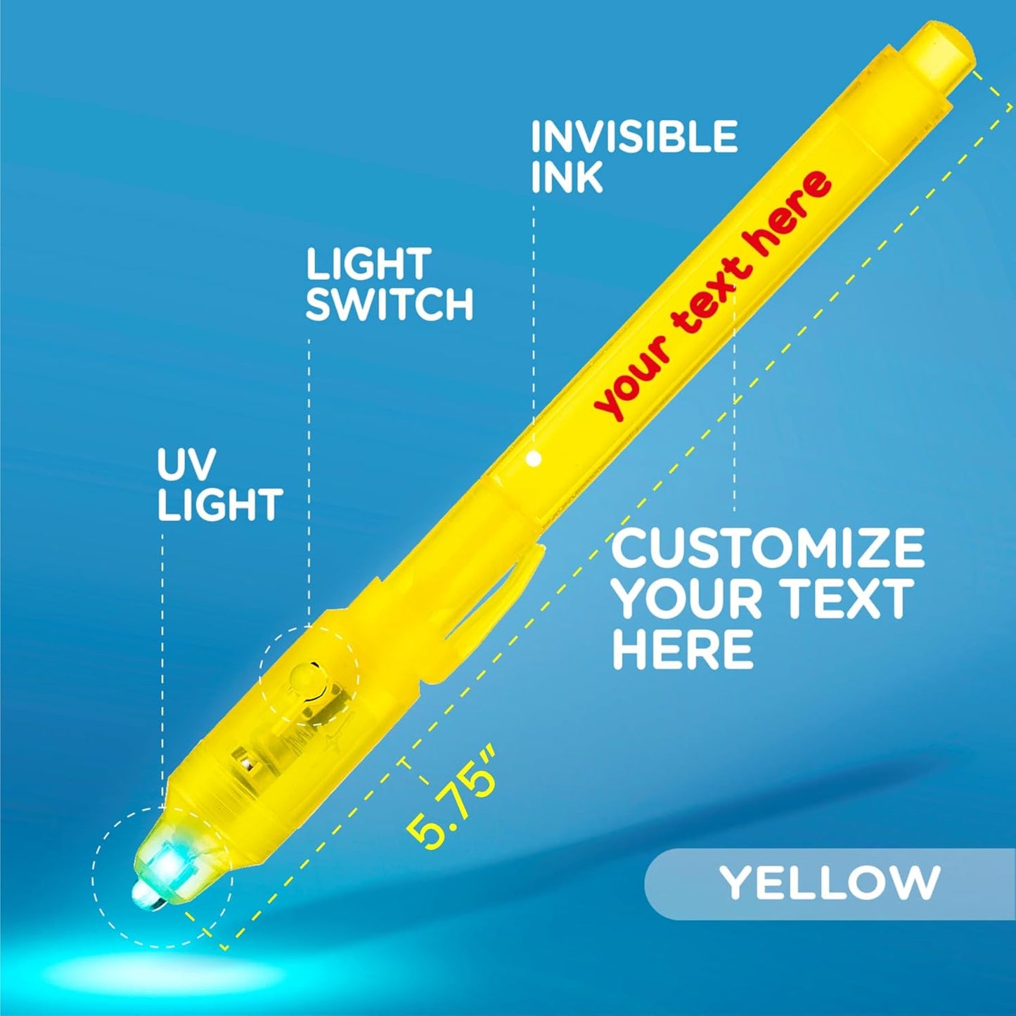 Personalized Invisible Disappearing Ink Pen Marker Pack, Custom Secret Spy Message Writer with UV Light, Fun for Kids Party Favors Gifts and Stock Stuffers, 12 Pack, Yellow