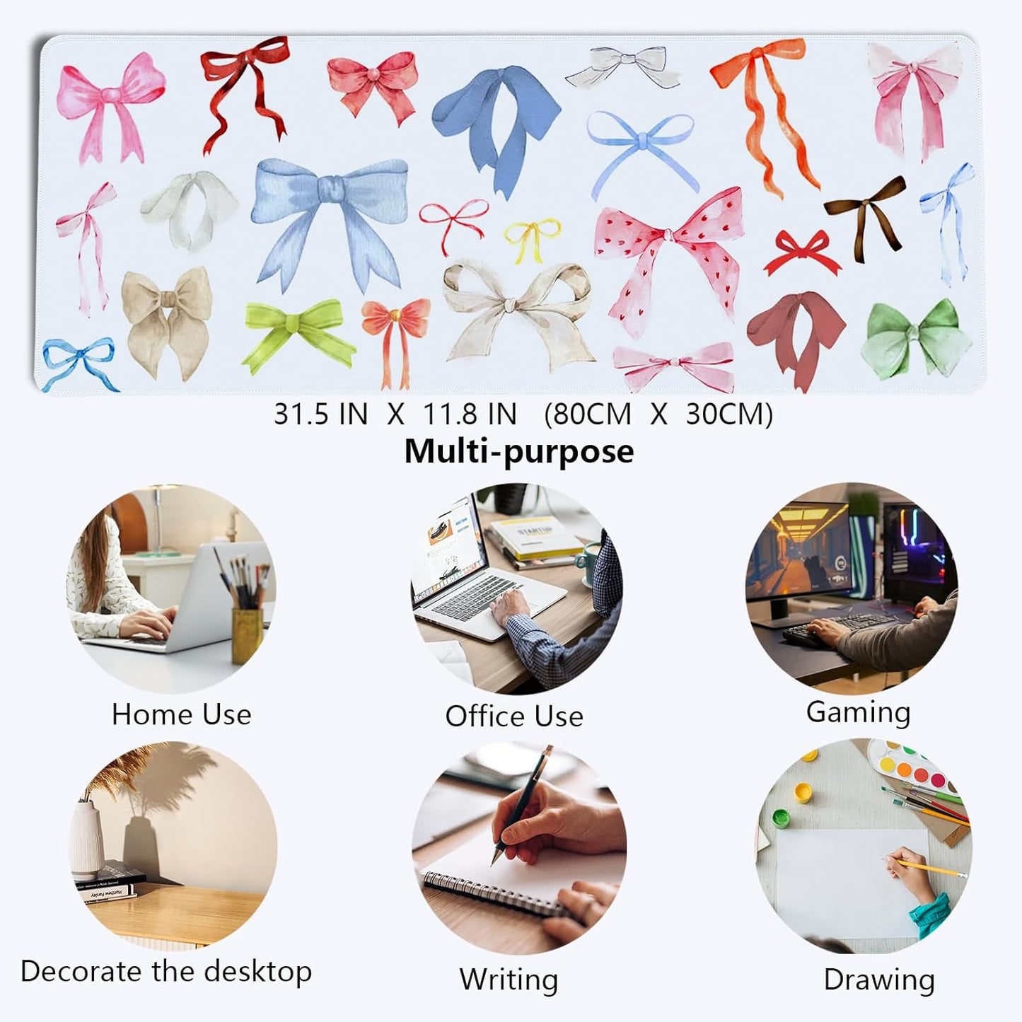 Kawaii Bow Mouse Pad, Girly Coquette Bow XL Large Mouse Pad, Girls Preppy Trendy Laptop Desk Mat for Girly Room Dorm Home Office, Colorful Bows Gifts for Teen Girls,31.5x11.8