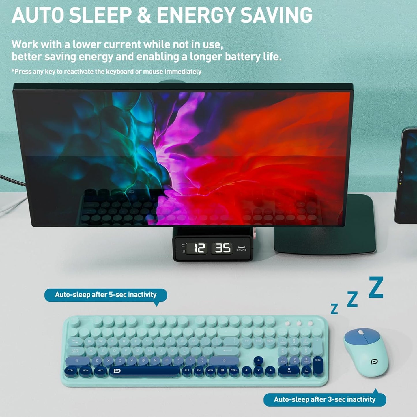 FOPETT 2.4GHz Wireless Keyboard and Mouse Set with Switch Button - Full-Size Keyboard - Compatible for Windows/Laptop/PC/Notebook/Smart TV and More - Blue