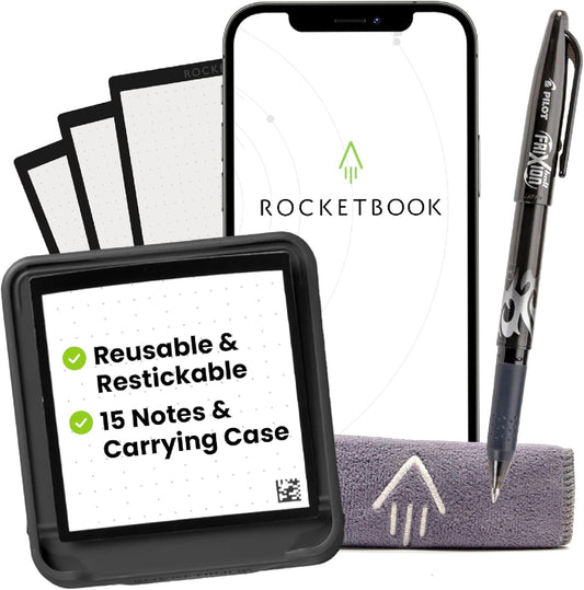 Rocketbook Reusable Sticky Notes Starter Pack with Storage Case, Pen, and Towel, 3"x3", 15 Black Notes - Dotted Paper, App-Connected, Erasable, Reusable Adhesive, Ideal for To-Do Lists