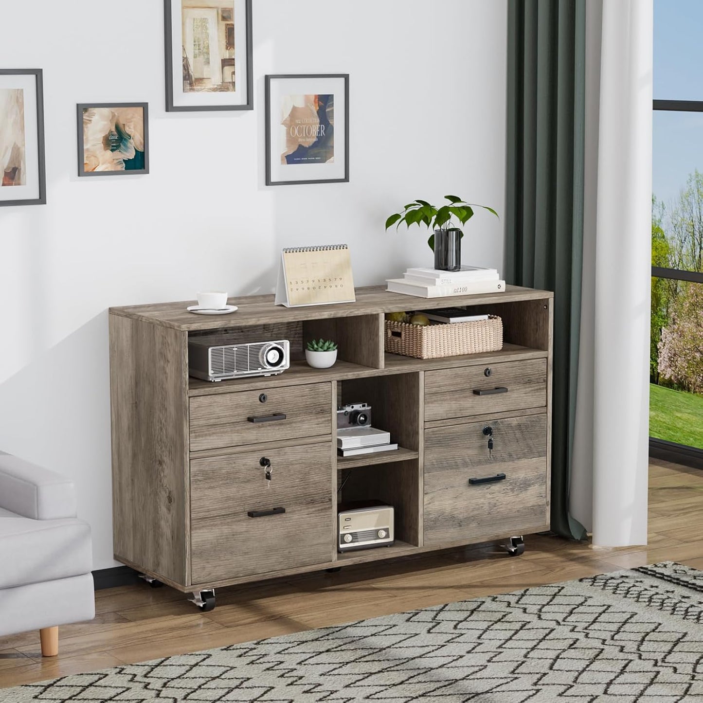 VINGLI Wide 4 Drawer File Cabinet with Lock, Rustic Grey Rolling File Cabinet with Open Shelves, Lockable Printer Stand, Letter Sized