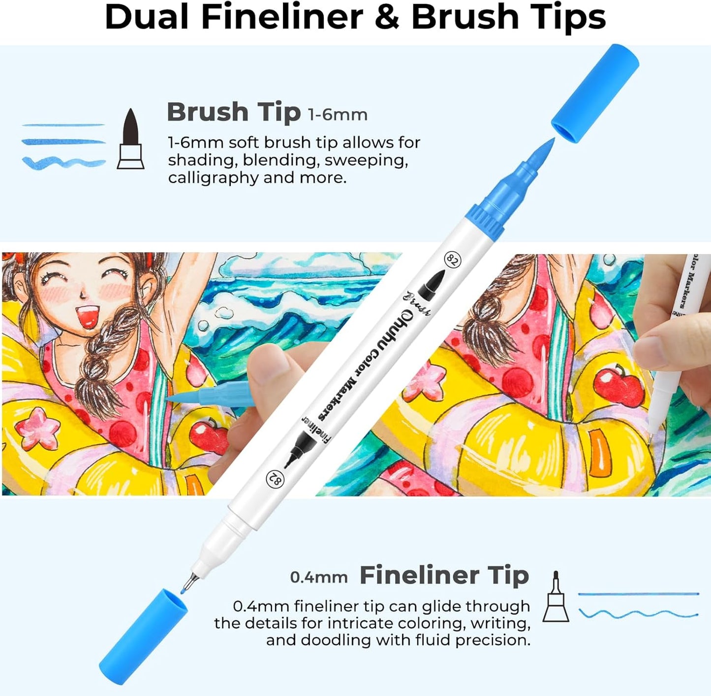 Ohuhu Markers for Adult Coloring Books No Bleeding 120 Colors Water-based Dual Tips Fineliner & Brush Coloring Markers for Kids Adults Beginners Drawing Pens for Journaling Lettering - Maui - White