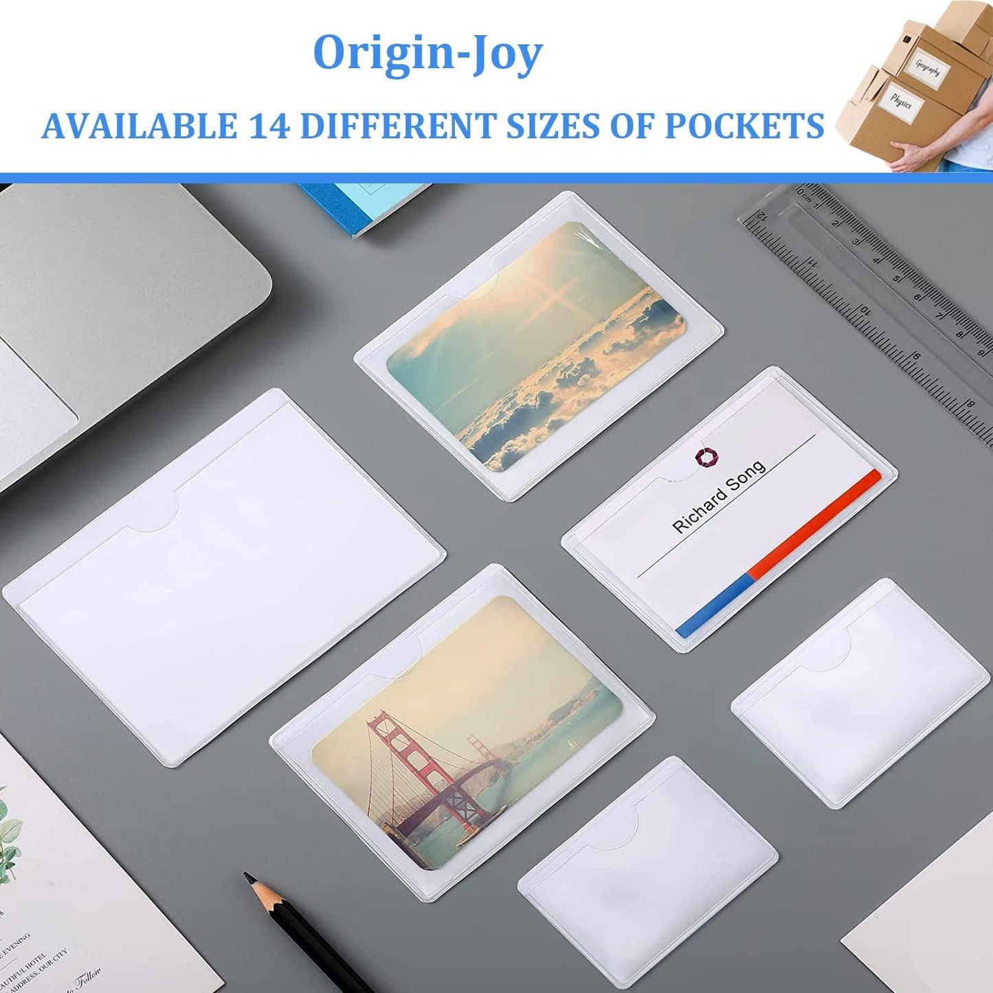 Origin-Joy 25 PCS Self-Adhesive Index Label Pockets, Clear Plastic Peel & Stick Card Holders with Top Open for Loading (2.75 x 1.5 inch)