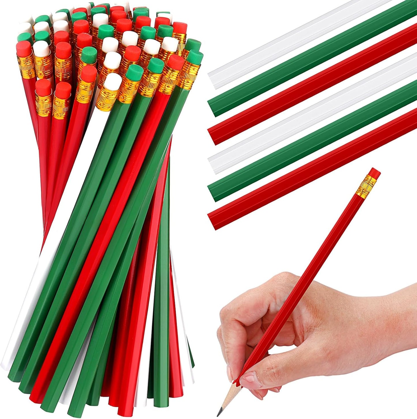 TecUnite 60 Pcs HB Pencils #2 Unsharpened Wood Cased Pencils with Eraser Hexagonal Pencil Cute Graphite No 2 Pen for Adults Gifts Exam School Office Sketching Learning(Red and Green, Gold)
