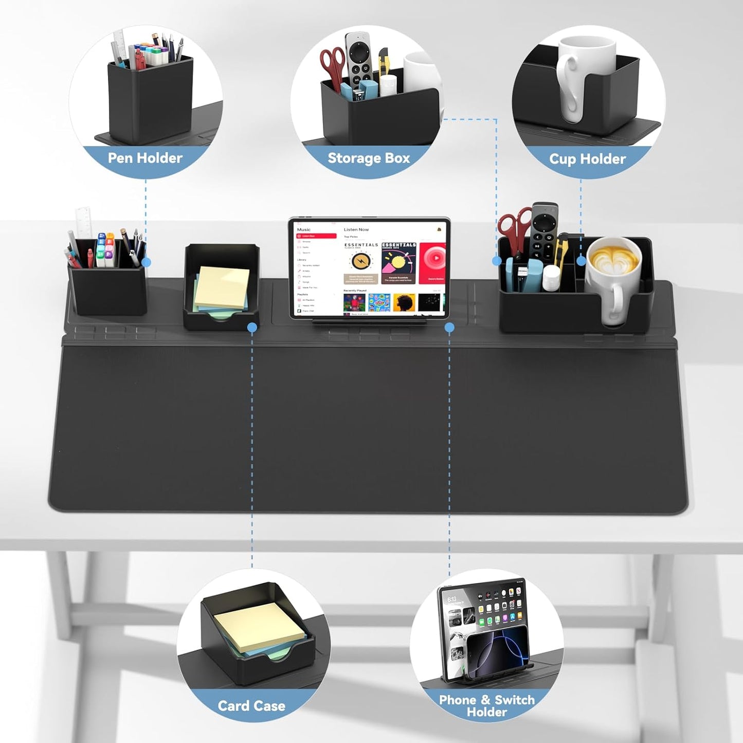 KDD Desk Pad and Magnetic Organizer Set - 5 in 1 Large Mouse Mat with Phone Stand, Cup Holder, Pen Holder, Storage Box & Card Case, Multifunction DIY Desktop Storage Accessories for Office and Home